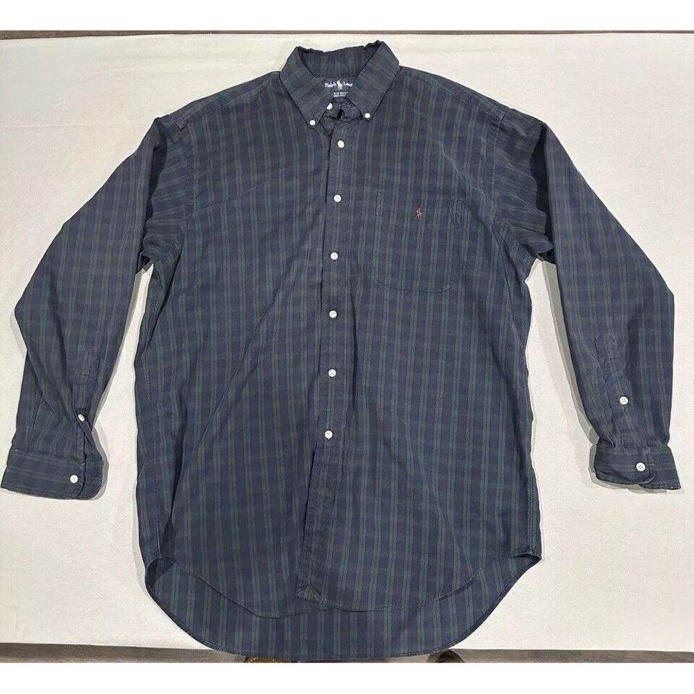 Polo Ralph Lauren Big Shirt Mens Large Blue Tartan Plaid Button Down Small Pony